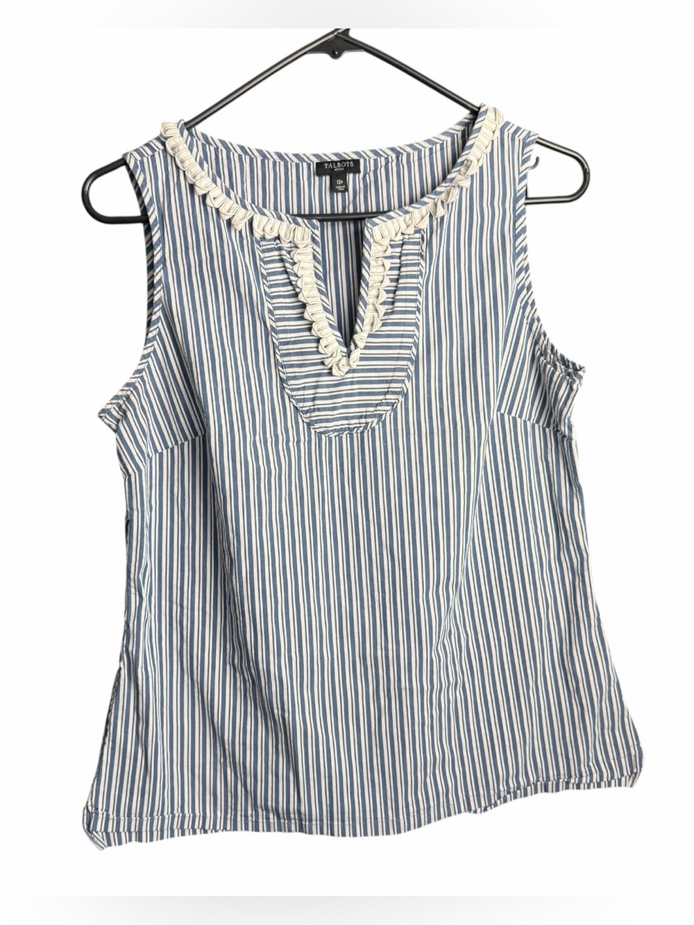 Talbots Blue & White Striped Sleeveless Blouse Ruffle Neckline 12 Petite
